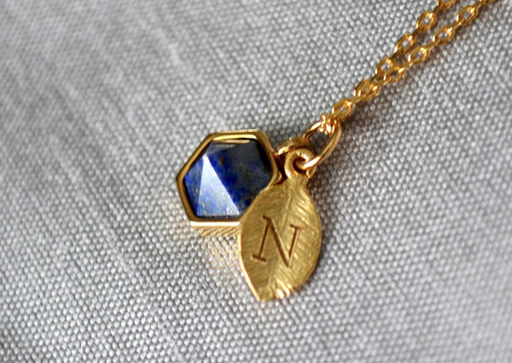 Lapis Necklace, Bridesmaid Necklace, Custom Initial Necklace, Leaf Necklace, Letter Necklace, Gift for her, Cobalt Blue Hexagon Necklace