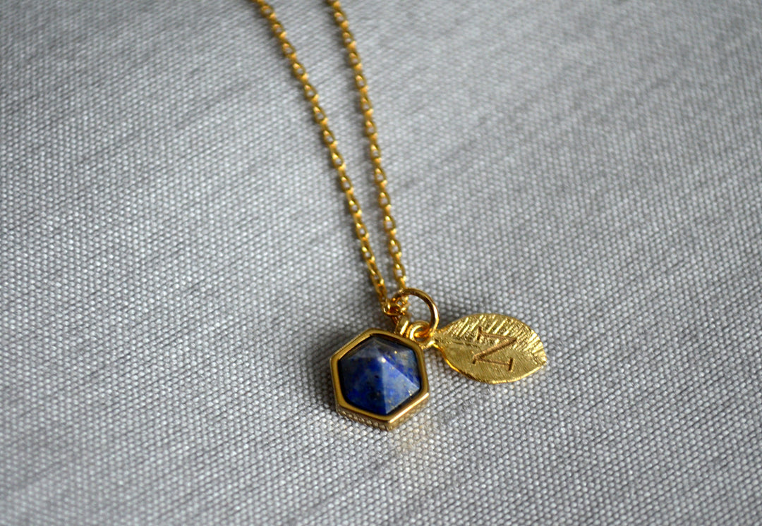 Lapis Necklace, Bridesmaid Necklace, Custom Initial Necklace, Leaf Necklace, Letter Necklace, Gift for her, Cobalt Blue Hexagon Necklace