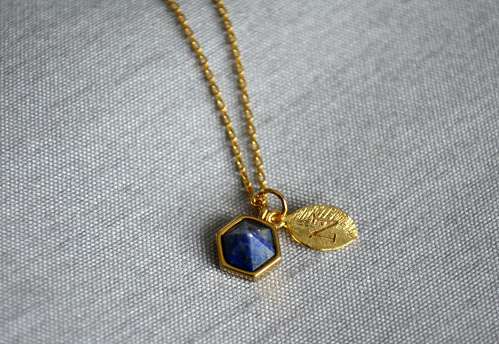 Lapis Necklace, Bridesmaid Necklace, Custom Initial Necklace, Leaf Necklace, Letter Necklace, Gift for her, Cobalt Blue Hexagon Necklace