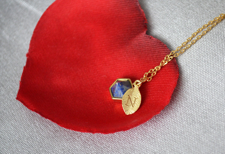 Lapis Necklace, Bridesmaid Necklace, Custom Initial Necklace, Leaf Necklace, Letter Necklace, Gift for her, Cobalt Blue Hexagon Necklace