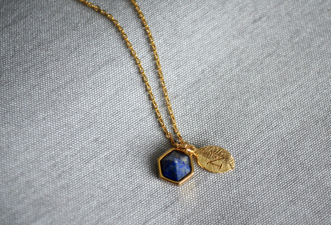 Lapis Necklace, Bridesmaid Necklace, Custom Initial Necklace, Leaf Necklace, Letter Necklace, Gift for her, Cobalt Blue Hexagon Necklace
