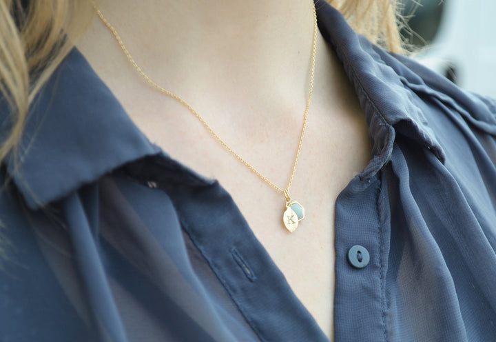 Lapis Necklace, Bridesmaid Necklace, Custom Initial Necklace, Leaf Necklace, Letter Necklace, Gift for her, Cobalt Blue Hexagon Necklace