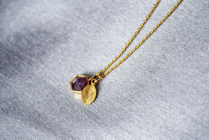 Lapis Necklace, Bridesmaid Necklace, Custom Initial Necklace, Leaf Necklace, Letter Necklace, Gift for her, Cobalt Blue Hexagon Necklace