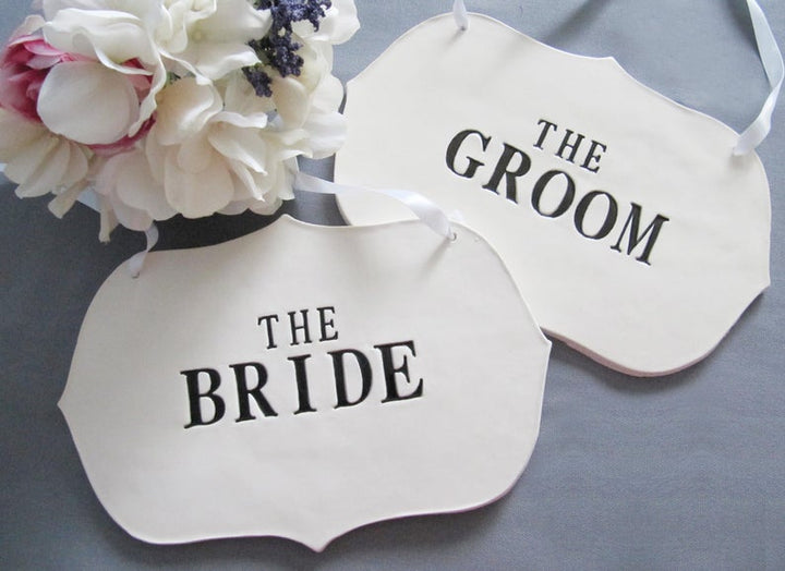 Large The Bride & The Groom Wedding Sign Set to Hang on Chair and Use as Photo Prop