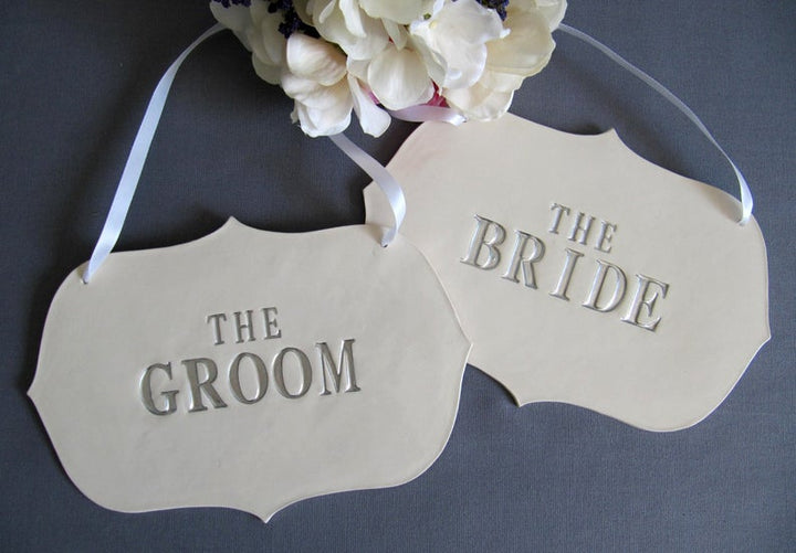 Large The Bride & The Groom Wedding Sign Set to Hang on Chair and Use as Photo Prop