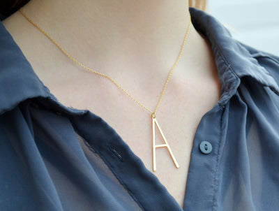 Large Initial Necklace, Hammered Large Letter Necklace, Birthstone Necklace, Oversized initial