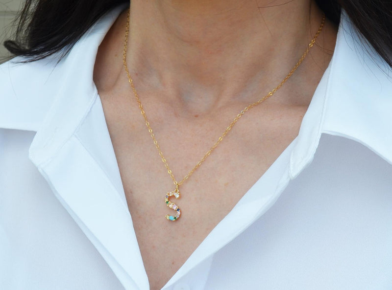 Letter Necklace, Initial Necklace, Friend Gift, Mom Gift, 18K Gold Plated Rainbow Necklace