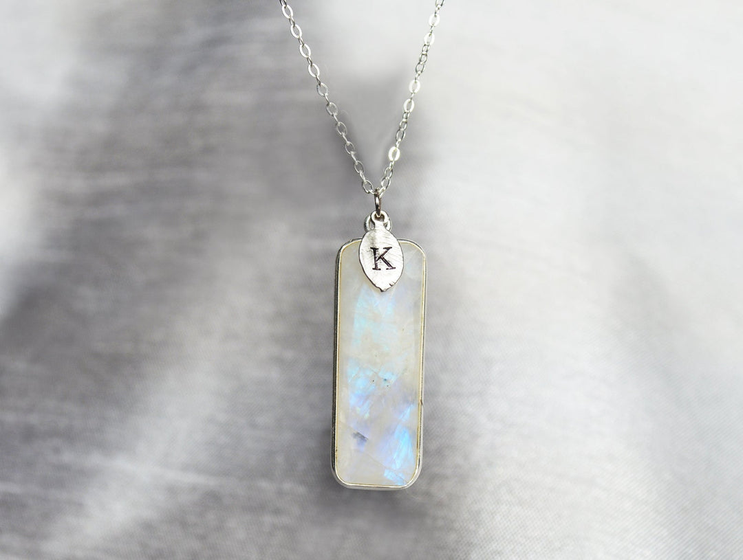Moonstone Rectangle Necklace, June Birthstone Necklace, Sterling Silver or 18K Gold, Personalized Necklace, Bridesmaid Gift, Mom Necklace
