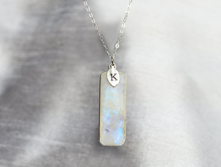 Moonstone Rectangle Necklace, June Birthstone Necklace, Sterling Silver or 18K Gold, Personalized Necklace, Bridesmaid Gift, Mom Necklace