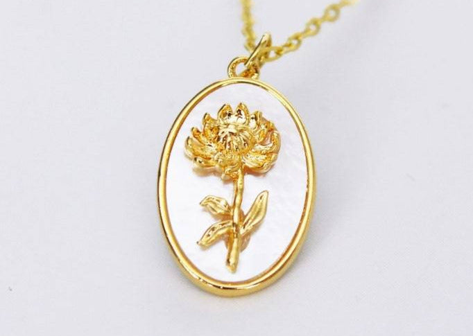 November Birth Flower Necklace, Pearl Birth Month Jewelry, Chrysanthemum, Mom Gift, Layering Necklace, Push Present
