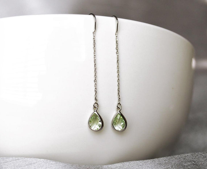 Peridot Threader Drop earrings, Light Green August Birthstone earrings, Peridot Drop earrings, Bridesmaid earrings, August Birthday Gift