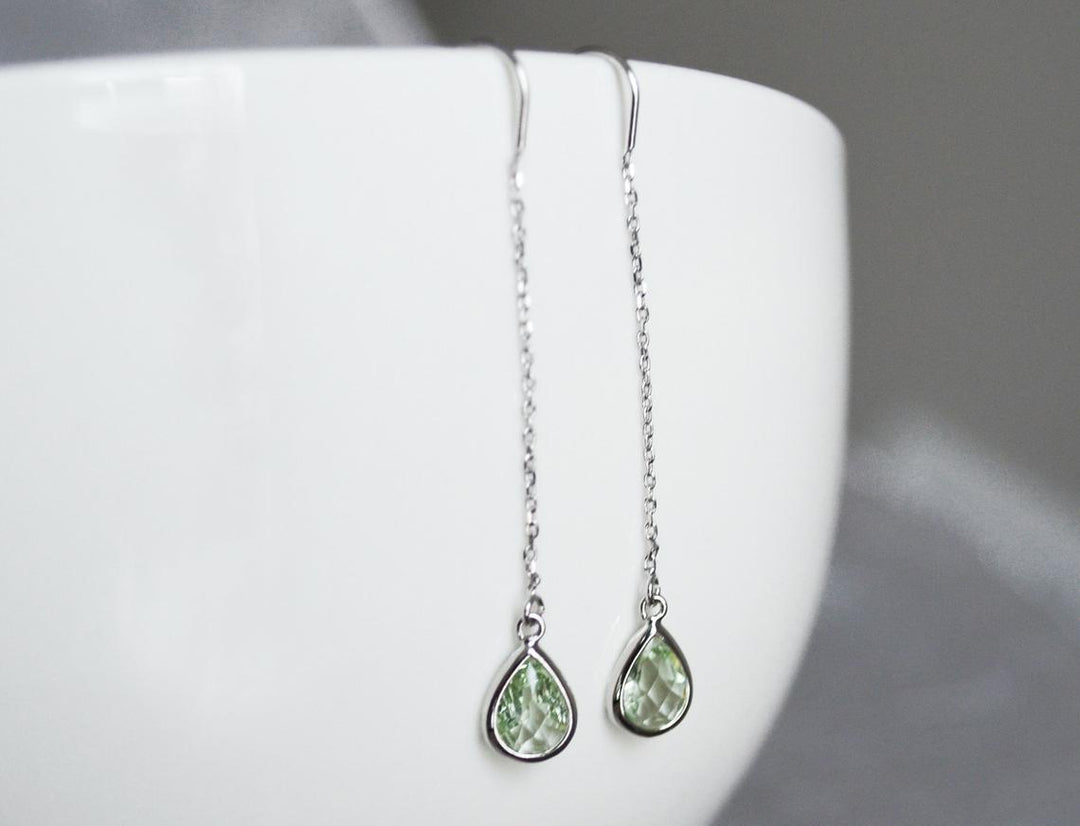 Peridot Threader Drop earrings, Light Green August Birthstone earrings, Peridot Drop earrings, Bridesmaid earrings, August Birthday Gift