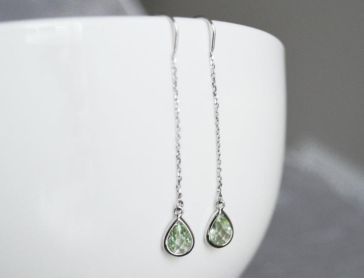 Peridot Threader Drop earrings, Light Green August Birthstone earrings, Peridot Drop earrings, Bridesmaid earrings, August Birthday Gift
