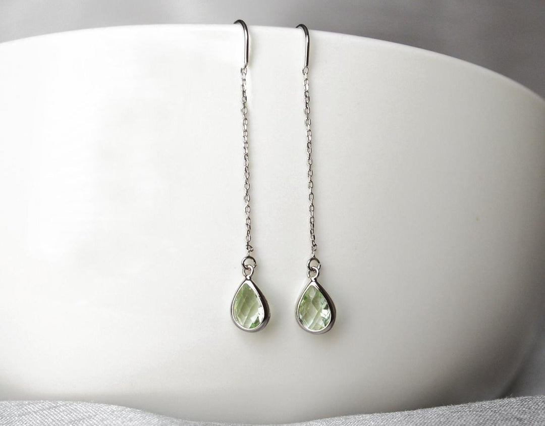 Peridot Threader Drop earrings, Light Green August Birthstone earrings, Peridot Drop earrings, Bridesmaid earrings, August Birthday Gift