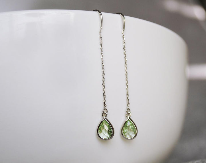 Peridot Threader Drop earrings, Light Green August Birthstone earrings, Peridot Drop earrings, Bridesmaid earrings, August Birthday Gift