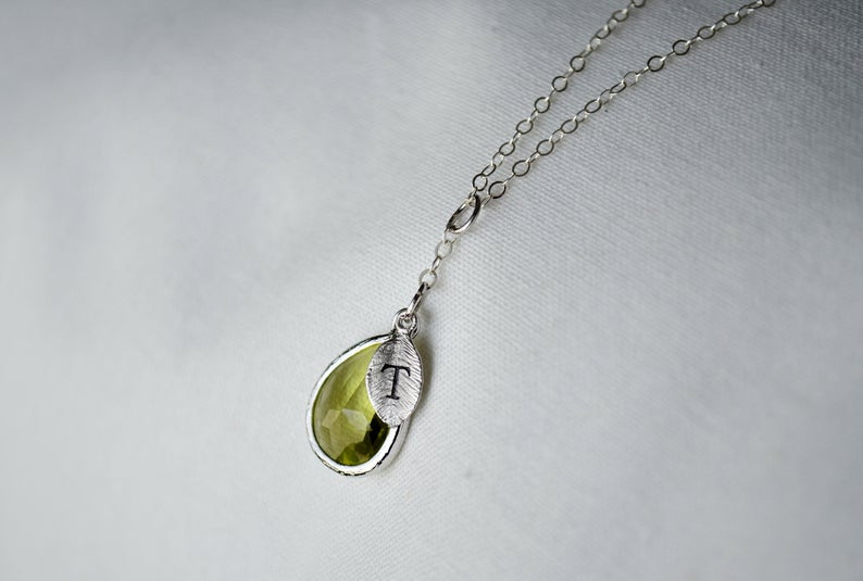 Peridot Necklace, August Birthstone Necklace, Bridesmaid Gift, Mom Birthstone Necklace, Initial Necklace, Mom Gift, Grandma Necklace