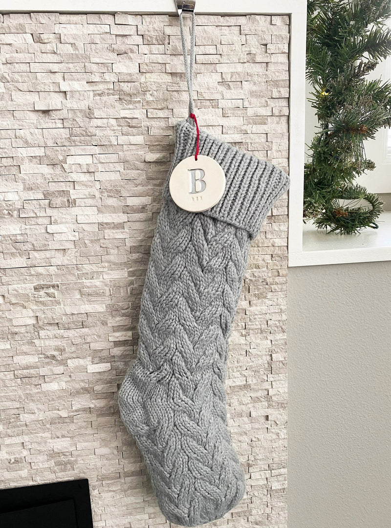 Personalized Gray Christmas Stocking, Knitted Holiday Stocking, Customized w/Initial and Name, Available in Different Colors, Christmas Gift