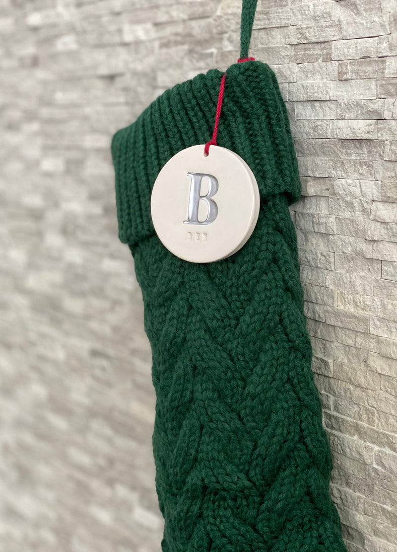 Personalized Green Christmas Stocking, Knitted Holiday Stocking, Customized w/Initial & Name, Available in Different Colors, Christmas Gift