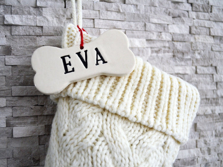 Personalized IVORY Dog Christmas Stocking, Dog Christmas Gift, Knitted Holiday Stocking, Customized w/ Name, Available in Different Colors
