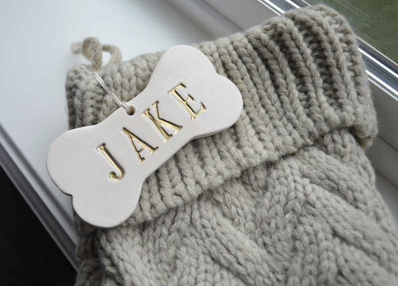Personalized KHAKI Dog Christmas Stocking, Dog Christmas Gift, Knitted Holiday Stocking, Customized with Name, Available in Different Colors