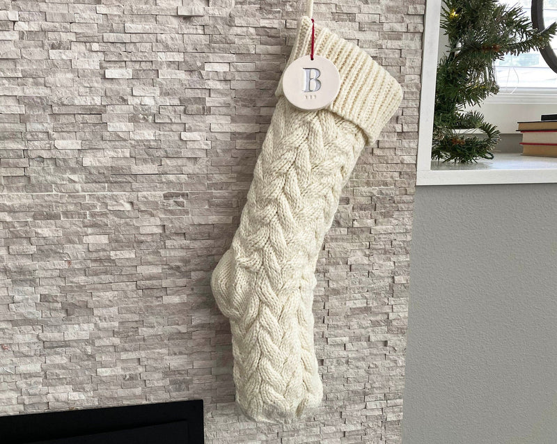Personalized White Christmas Stocking, Knitted Holiday Stocking, Customized w/Initial and Name, Available Different Colors, Christmas Gift