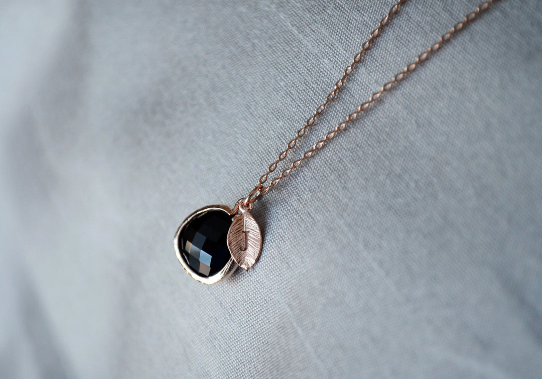 Personalized Black Onyx Necklace - Birthstone Necklace, Custom Initial Necklace