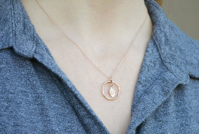 Personalized Initial Necklace, Letter Necklace, Wood Textured Ring, Rose Gold