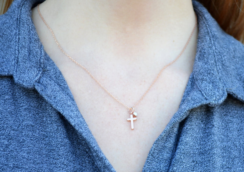 Rose Gold Cross Necklace - Birthstone Necklace - Godparent or Godchild Gift