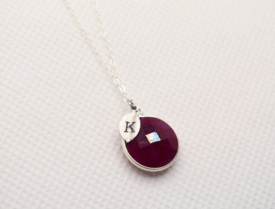 Ruby Necklace, July Birthstone Necklace, Sterling Silver, Round Personalized Necklace, Bridesmaid Gift, Mom or Grandma Necklace