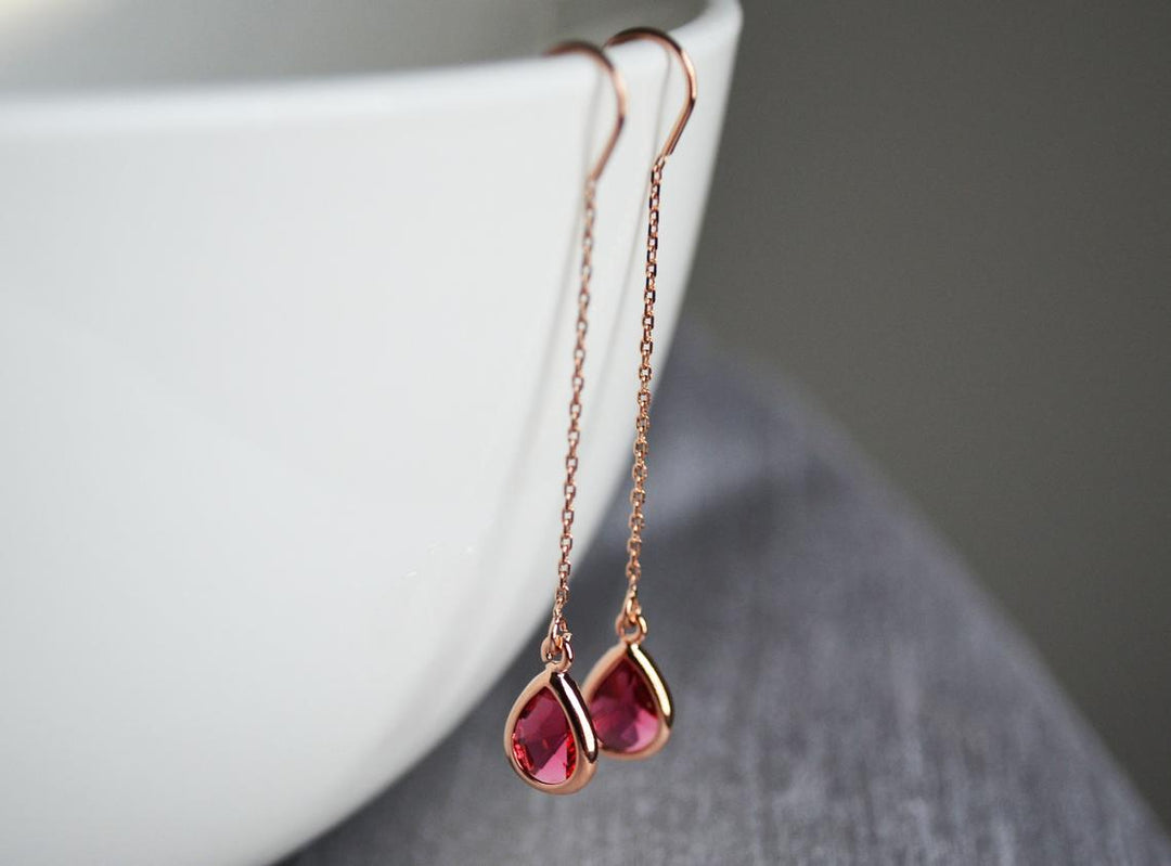 Ruby Threader Drop Earrings Dainty July Birthstone Earrings Ruby Drop Earrings Bridesmaid Earrings July Birthday Gift Silver Plated Oct. Pink
