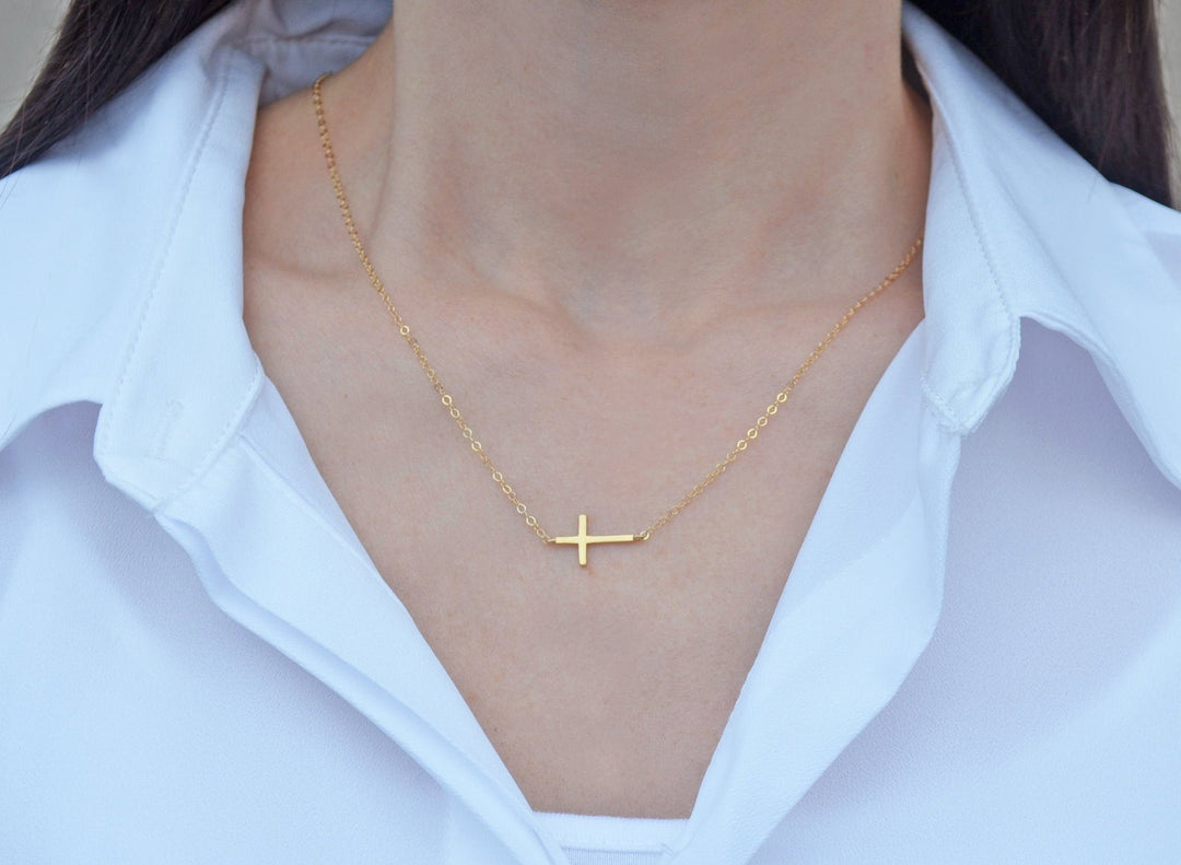 Sideways Cross Necklace, Mother's Day Necklace, Baptism Gift, First Communion Gift, Confirmation Gift, Godchild Gift, Godparent Gift