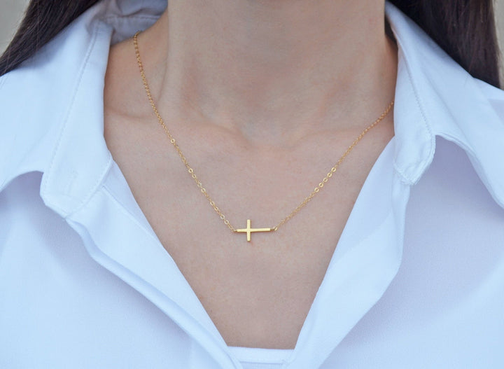 Sideways Cross Necklace, Mother's Day Necklace, Baptism Gift, First Communion Gift, Confirmation Gift, Godchild Gift, Godparent Gift
