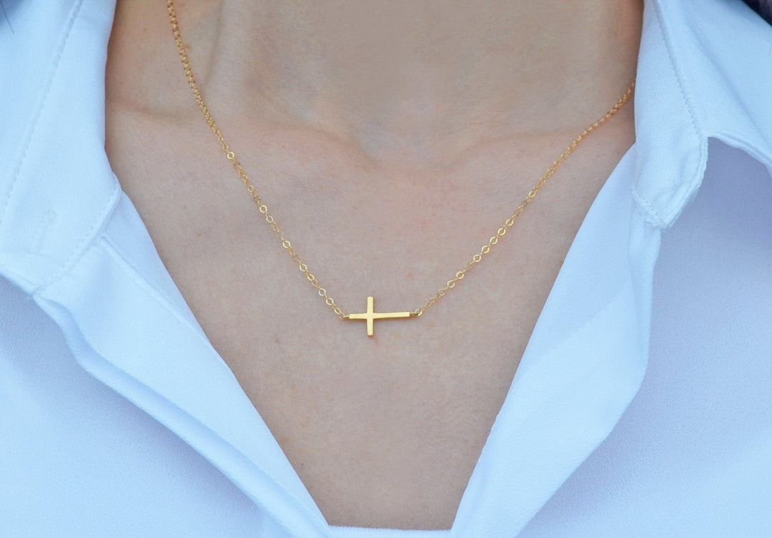 Sideways Cross Necklace, Mother's Day Necklace, Baptism Gift, First Communion Gift, Confirmation Gift, Godchild Gift, Godparent Gift