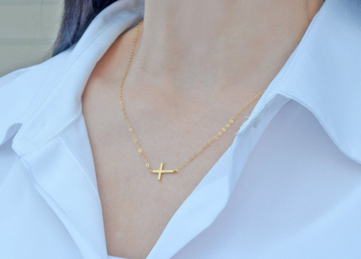 Sideways Cross Necklace, Mother's Day Necklace, Baptism Gift, First Communion Gift, Confirmation Gift, Godchild Gift, Godparent Gift