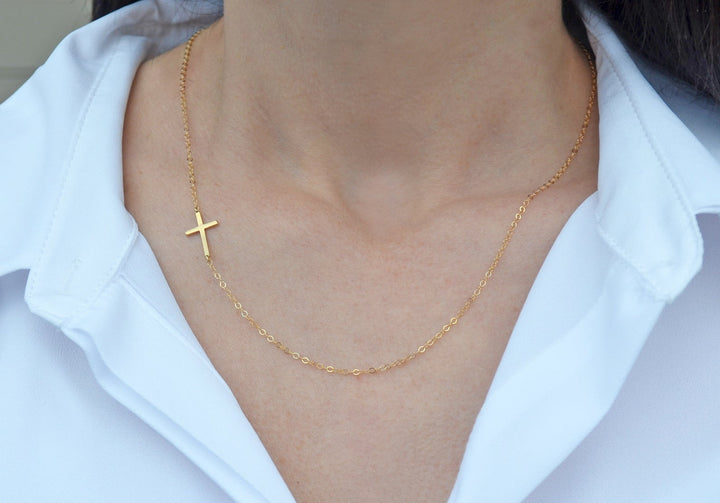 Sideways Cross Necklace, Mother's Day Necklace, Baptism Gift, First Communion Gift, Confirmation Gift, Godchild Gift, Godparent Gift