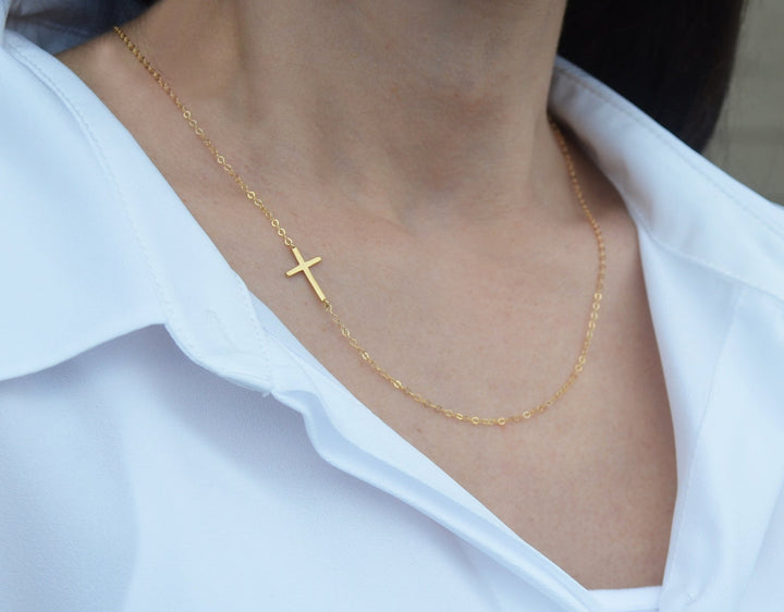 Sideways Cross Necklace, Mother's Day Necklace, Baptism Gift, First Communion Gift, Confirmation Gift, Godchild Gift, Godparent Gift