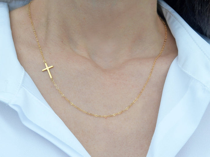 Sideways Cross Necklace, Mother's Day Necklace, Baptism Gift, First Communion Gift, Confirmation Gift, Godchild Gift, Godparent Gift