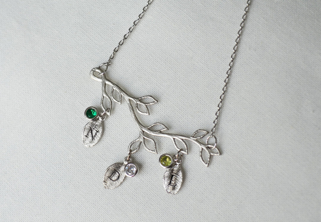 Silver Birthstone Bracelet, Family Tree Bracelet, Initial bracelet, Branch Bracelet