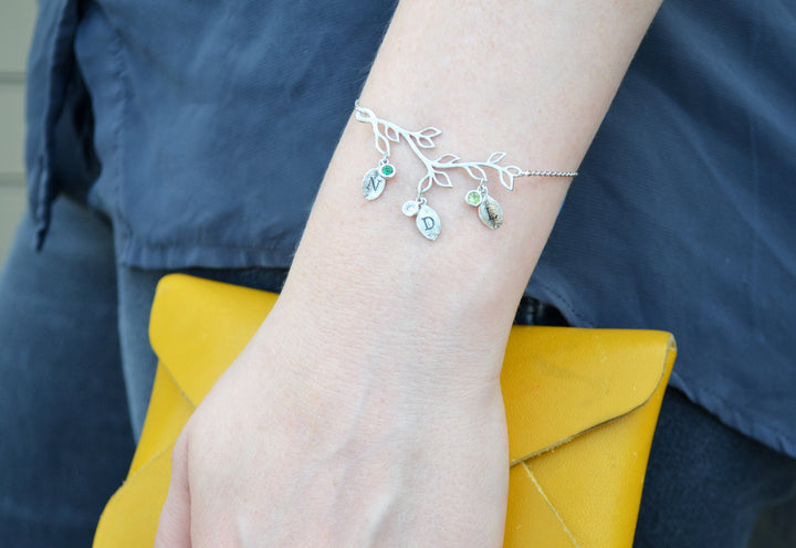Silver Birthstone Bracelet, Family Tree Bracelet, Initial bracelet, Branch Bracelet