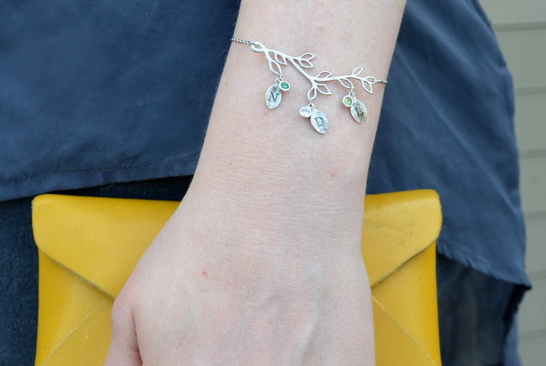Silver Birthstone Bracelet, Family Tree Bracelet, Initial bracelet, Branch Bracelet