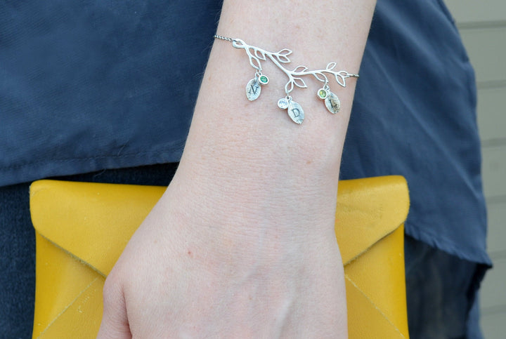 Silver Birthstone Bracelet, Family Tree Bracelet, Initial bracelet, Branch Bracelet