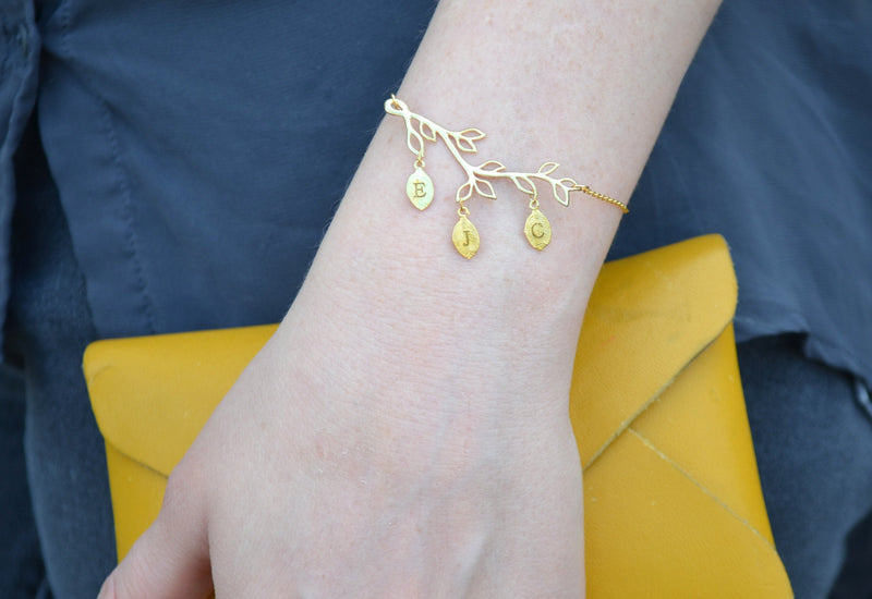 Gold Birthstone Bracelet, Family Tree Bracelet, Branch Bracelet, Grandmother Bracelet, Initial Necklace