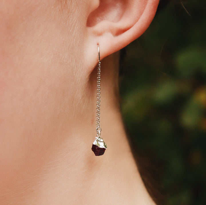 Raw Genuine Garnet Threader Earrings, Garnet Birthstone, January Birthday Gift