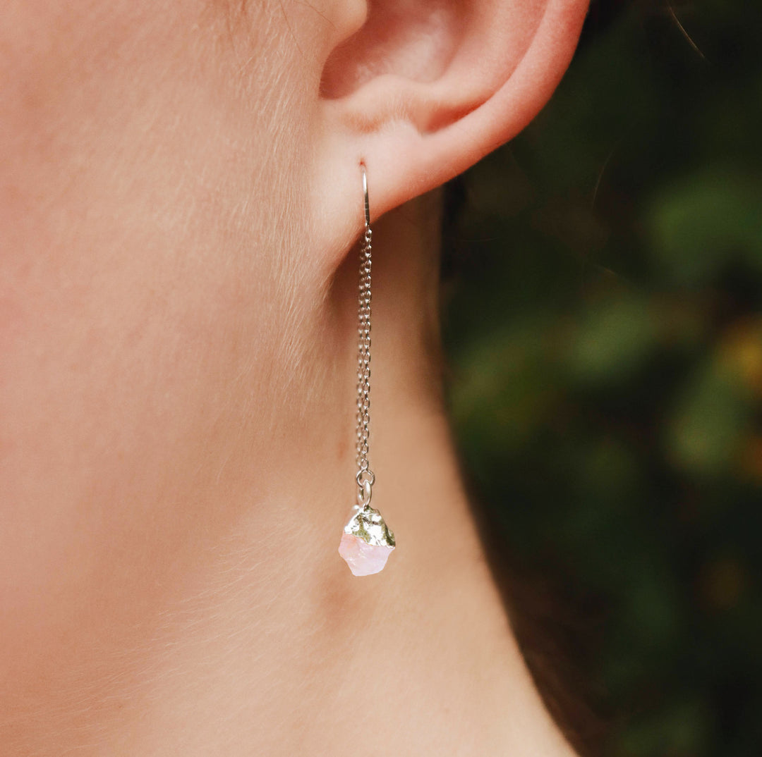 Raw Rose Quartz Threader Earrings, October Birthstone, October Birthday Gift