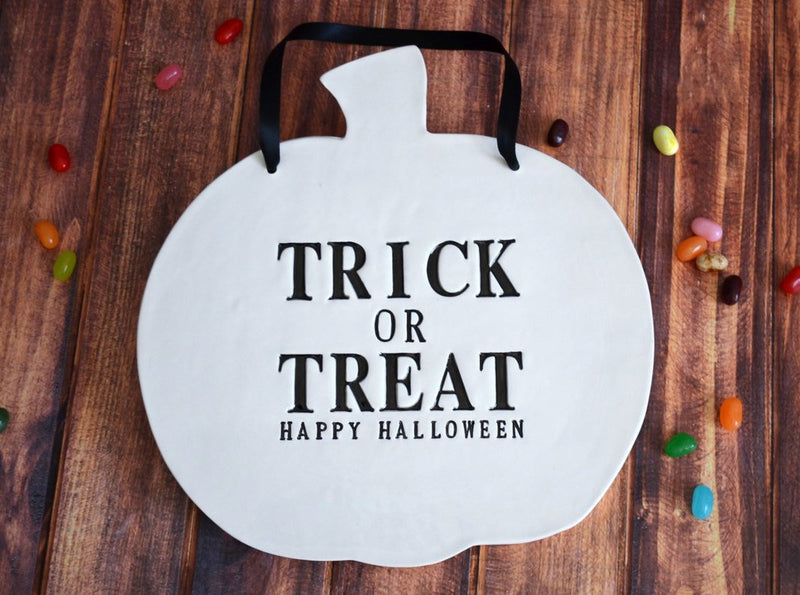 Trick or Treat - Happy Halloween Sign to Hang on Door and Use as Photo Prop - Painted