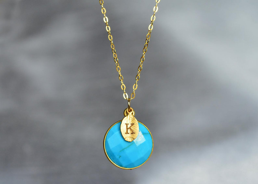 Turquoise Necklace, December Birthstone Necklace, 18K Gold, Wife Gift, Personalized Round Necklace, Bridesmaid, Mom Gift