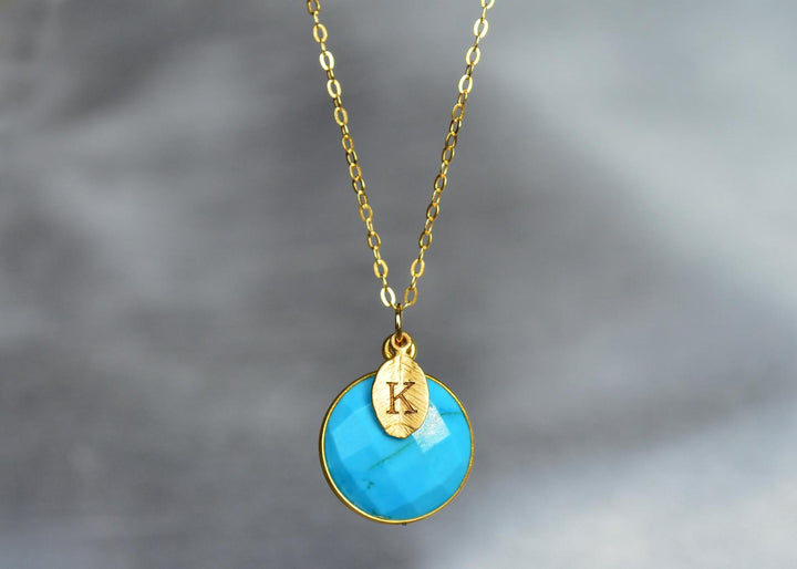 Turquoise Necklace, December Birthstone Necklace, 18K Gold, Wife Gift, Personalized Round Necklace, Bridesmaid, Mom Gift