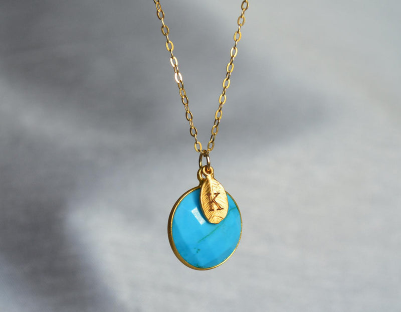 Turquoise Necklace, December Birthstone Necklace, 18K Gold, Wife Gift, Personalized Round Necklace, Bridesmaid, Mom Gift