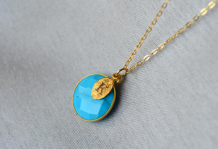 Turquoise Necklace, December Birthstone Necklace, 18K Gold, Wife Gift, Personalized Round Necklace, Bridesmaid, Mom Gift