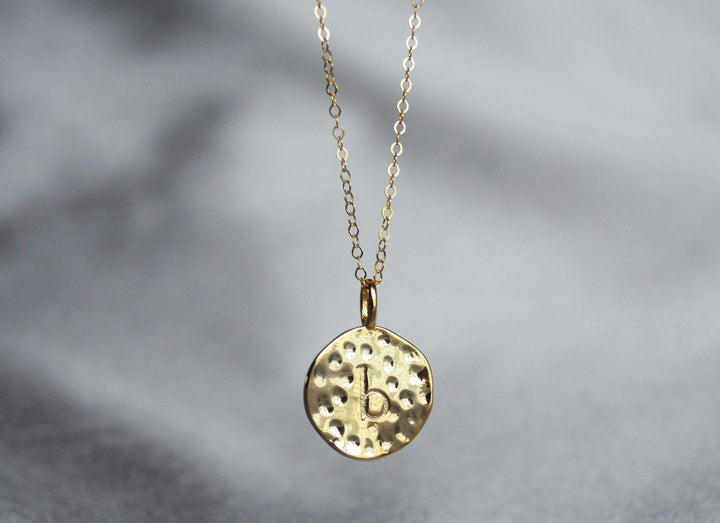 Valentine's Day Necklace, Hammered Letter Disc Necklace, Gold Initial Necklace, Gift for Her, Gift for Wife, Girlfriend Gift, Gift for Mom